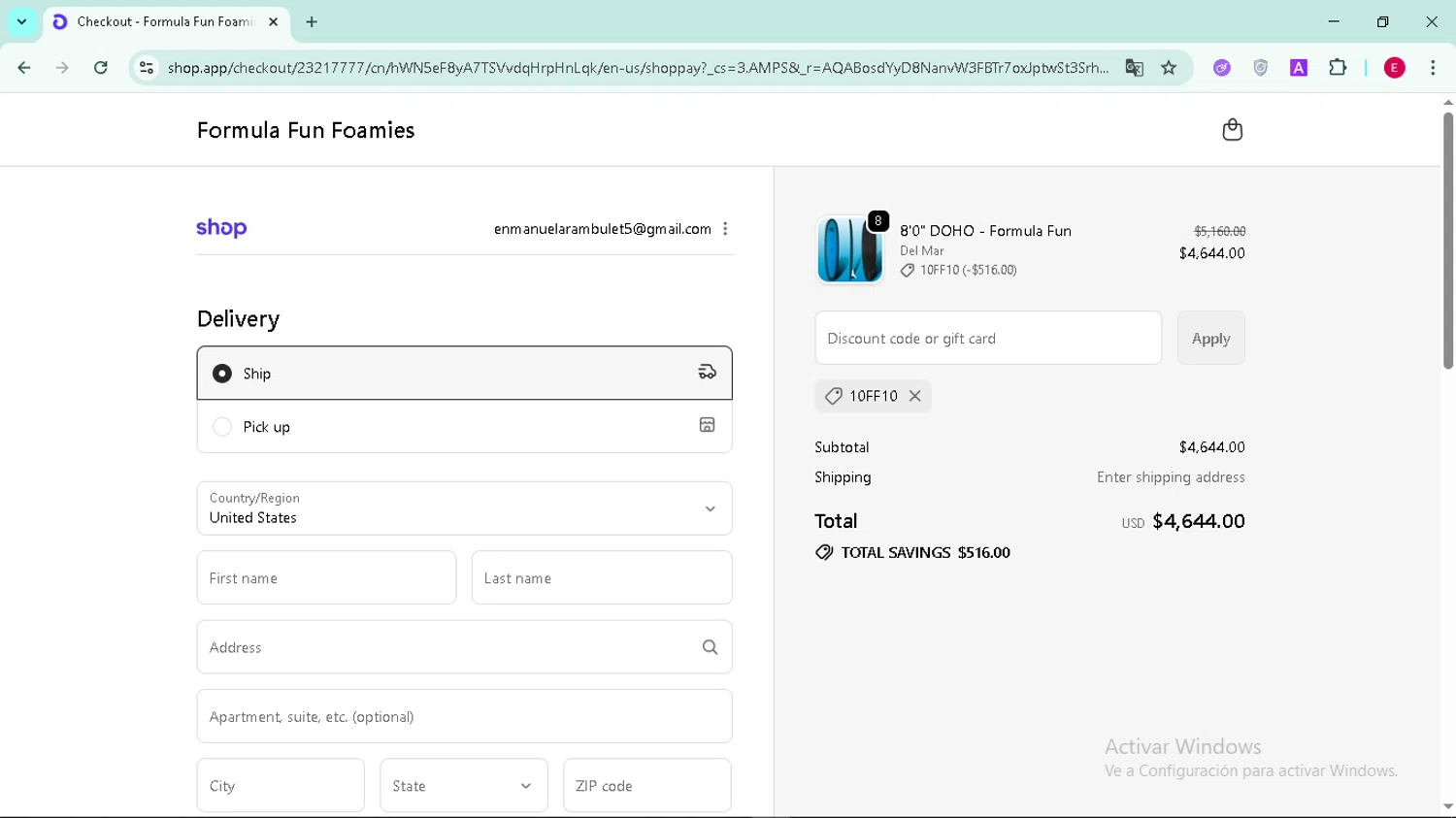 Formula Fun discount code screenshot showing code 10FF10 applied at Formula Fun checkout page. Uploaded by SimplyCodes community member Arambulet on Nov 24, 2025