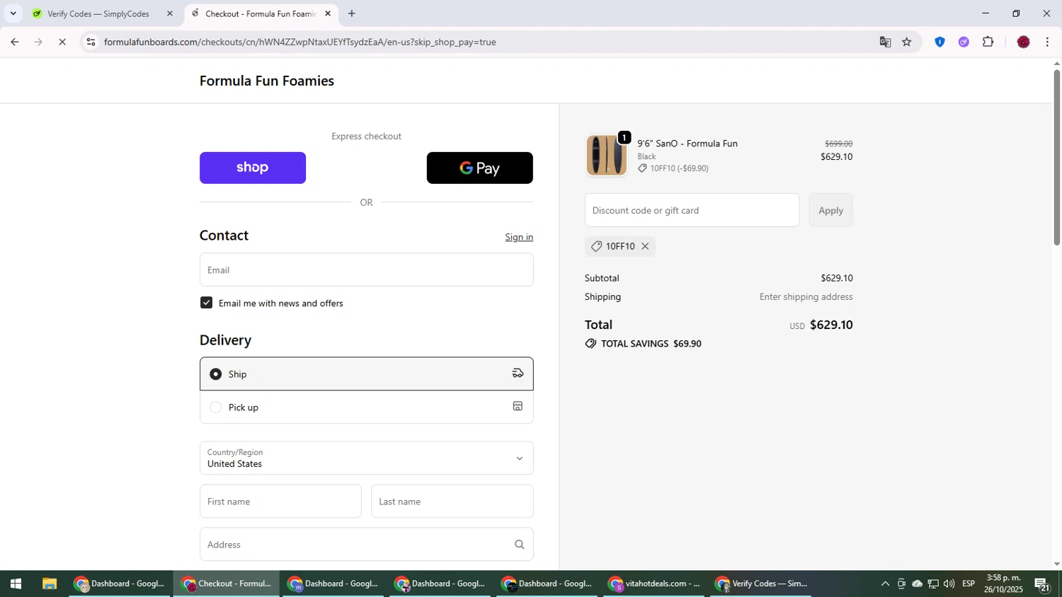 Formula Fun discount code screenshot showing code 10FF10 applied at Formula Fun checkout page. Uploaded by SimplyCodes community member MightyLegend6657 on Oct 26, 2025