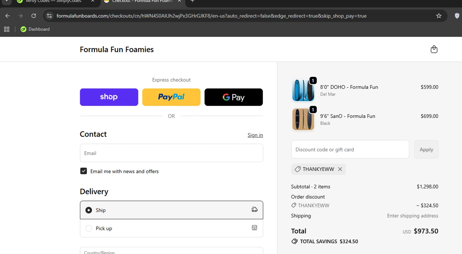 Formula Fun discount code screenshot showing code THANKYEWW applied at Formula Fun checkout page. Uploaded by SimplyCodes community member Limon02 on Oct 23, 2025