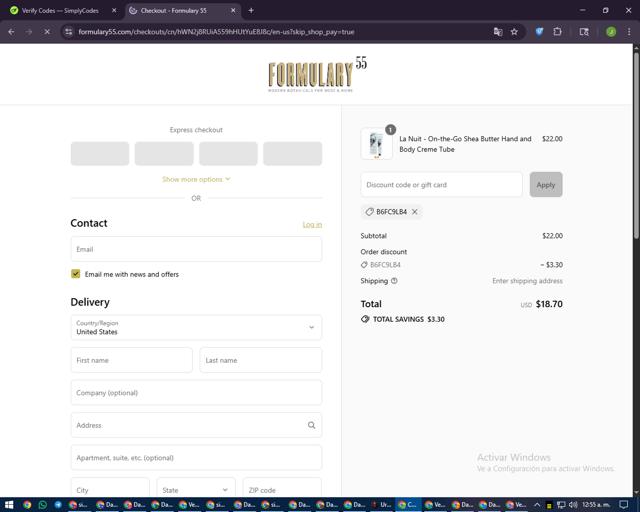 Formulary 55 checkout page showing Formulary 55 discount code box | Screenshot taken by SimplyCodes community member on Sep 8, 2025