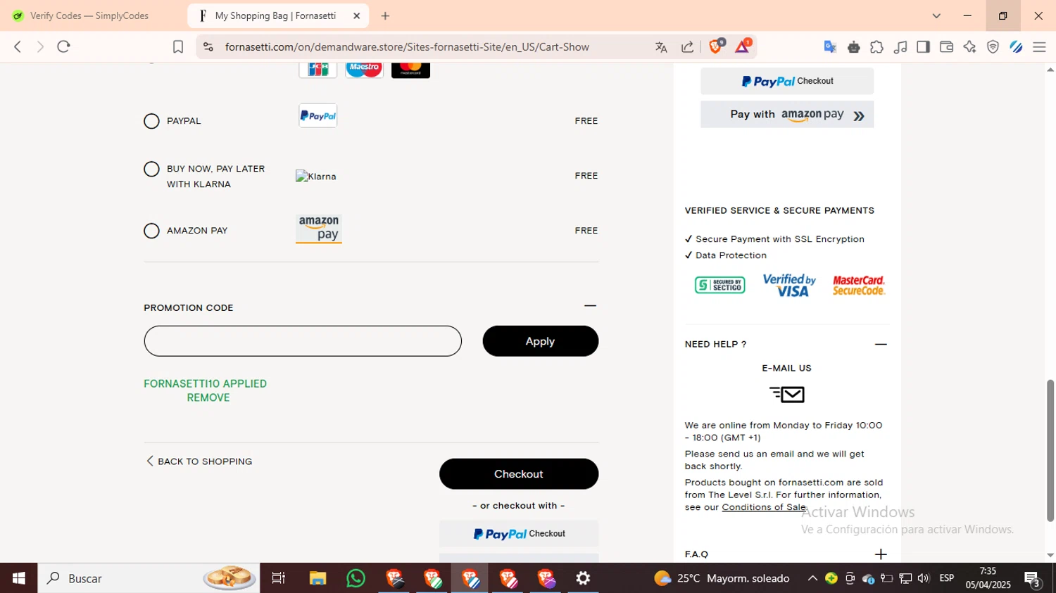 Fornasetti promo code screenshot showing code FORNASETTI10 applied at Fornasetti checkout page. Uploaded by SimplyCodes community member SilverKnight3628 on Apr 5, 2025