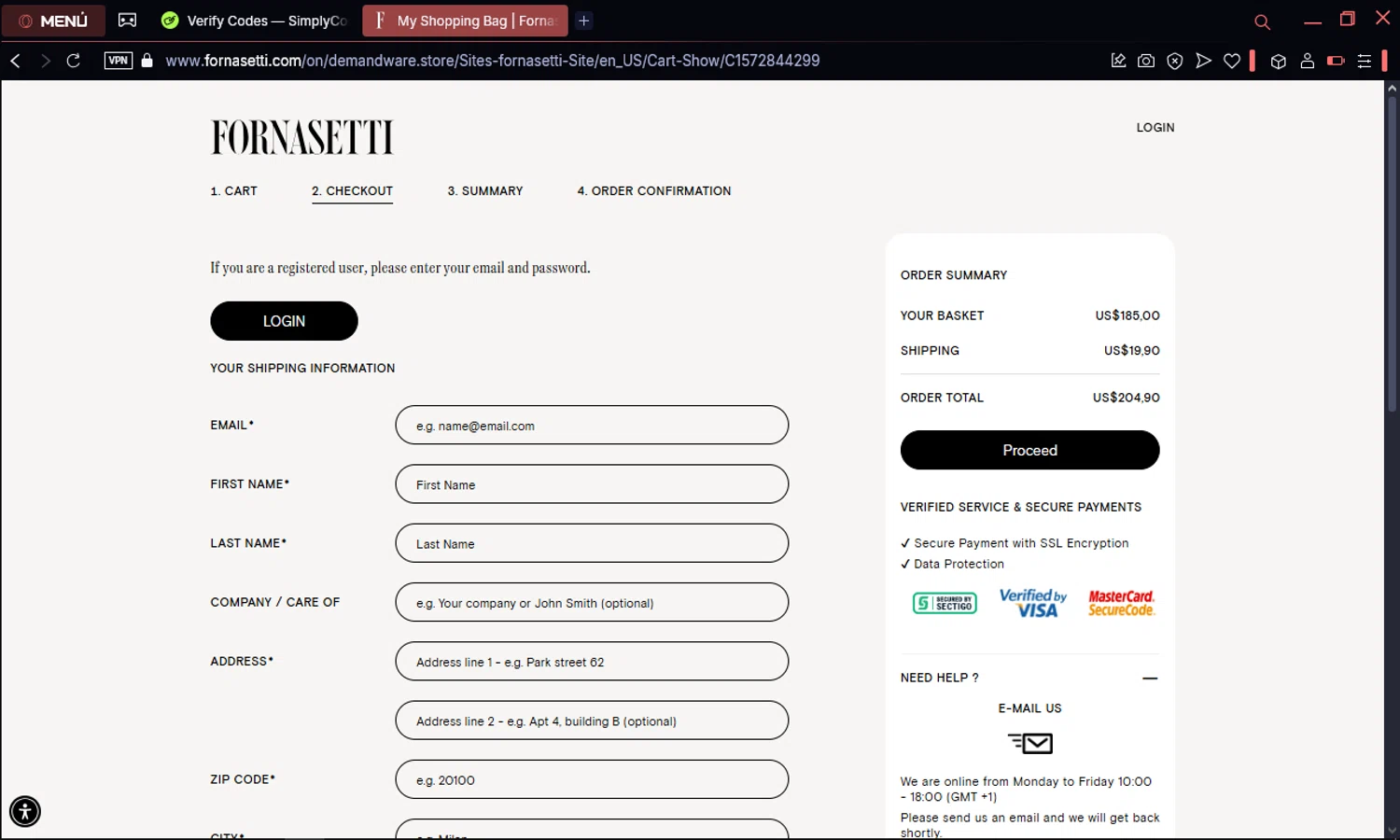 Fornasetti promo code screenshot showing code FORNASETTI10 applied at Fornasetti checkout page. Uploaded by SimplyCodes community member elpuma on Apr 5, 2025