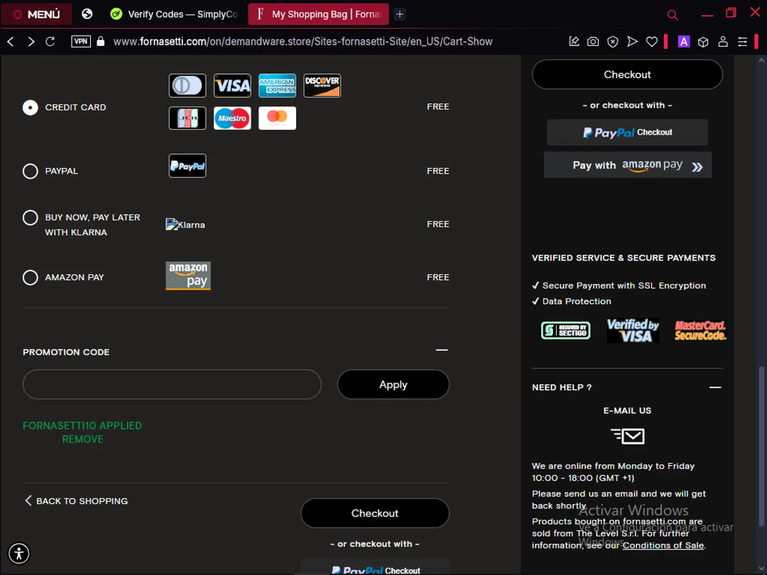 Fornasetti promo code screenshot showing code FORNASETTI10 applied at Fornasetti checkout page. Uploaded by SimplyCodes community member satoru on Apr 5, 2025