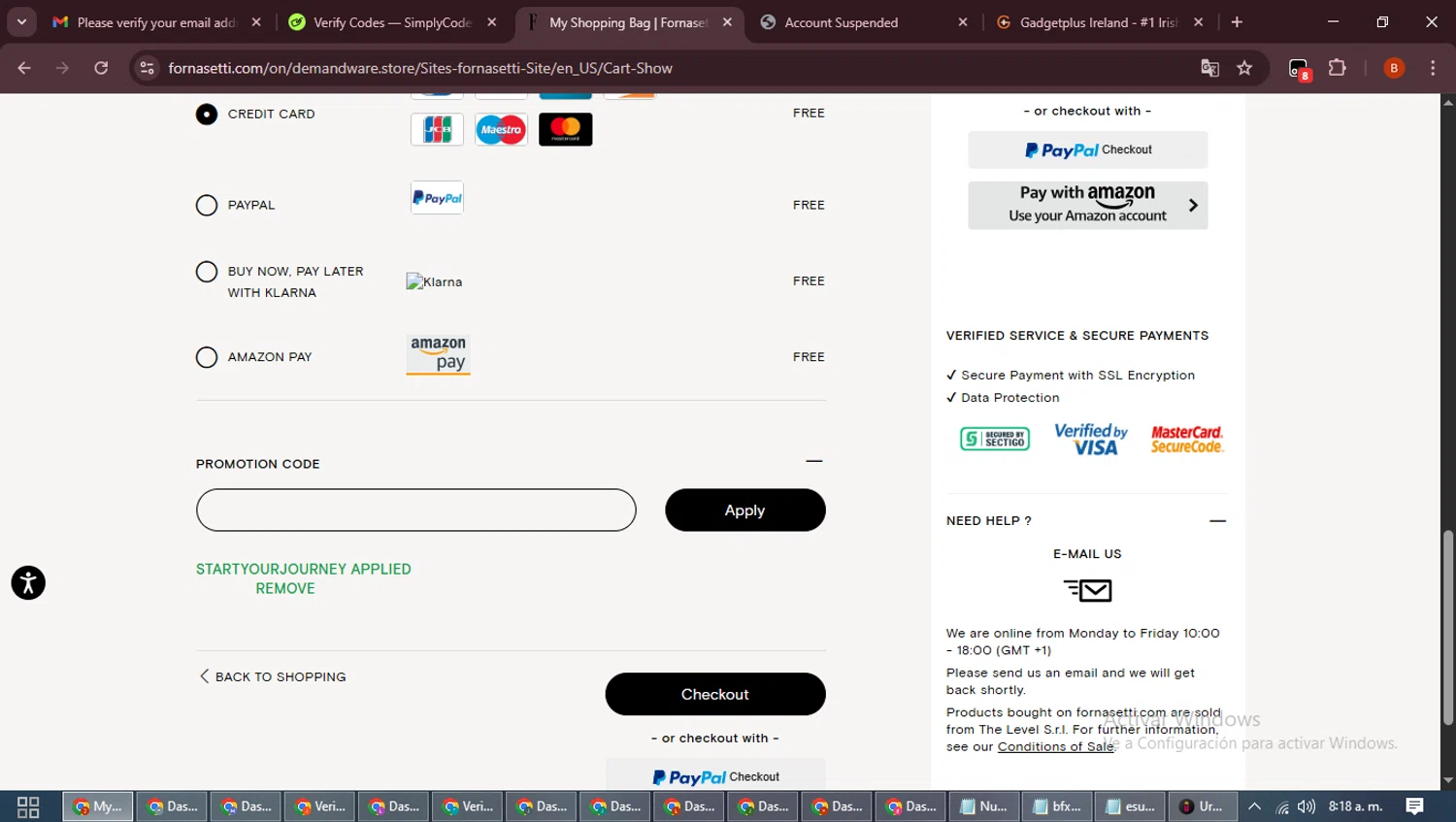 Fornasetti promo code screenshot showing code STARTYOURJOURNEY applied at Fornasetti checkout page. Uploaded by SimplyCodes community member DiscountExpert6435 on Oct 20, 2025