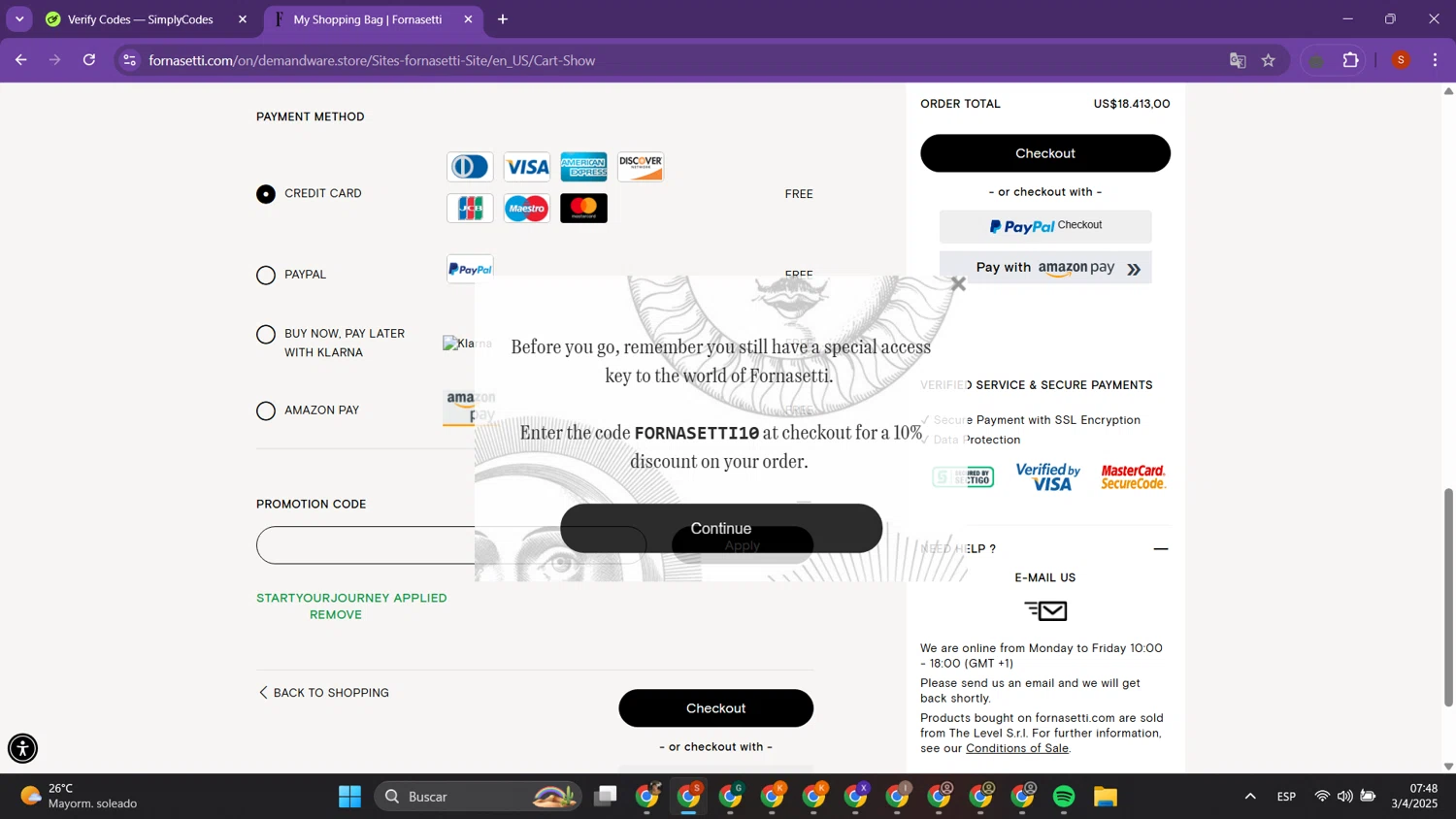 Fornasetti checkout page showing Fornasetti promo code box | Screenshot taken by SimplyCodes community member on Apr 3, 2025