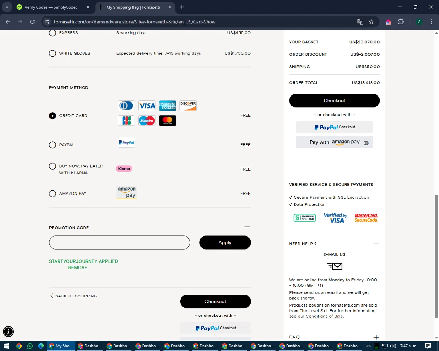 Fornasetti checkout page showing Fornasetti promo code box | Screenshot taken by SimplyCodes community member on Apr 3, 2025