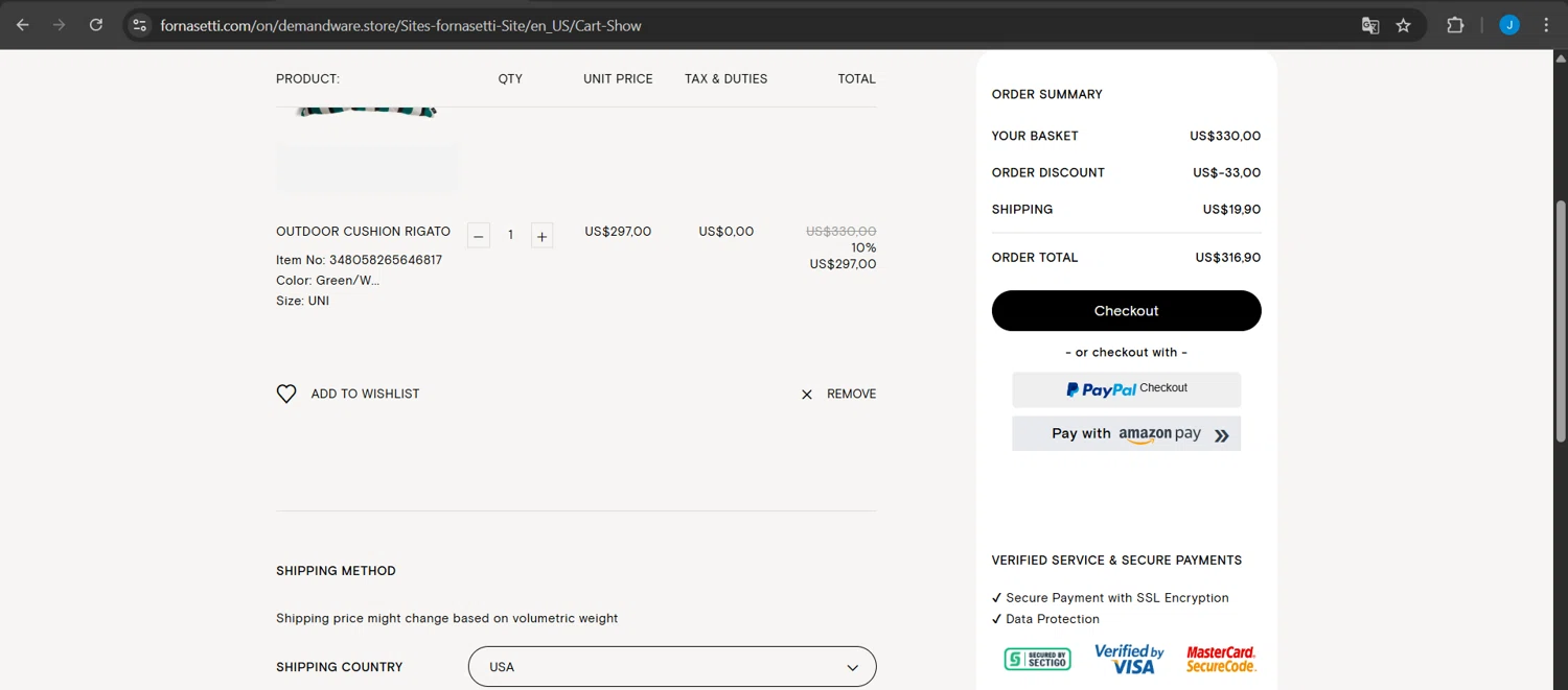Fornasetti promo code screenshot showing code STARTYOURJOURNEY_TRADE applied at Fornasetti checkout page. Uploaded by SimplyCodes community member Jeanjc on Apr 3, 2025