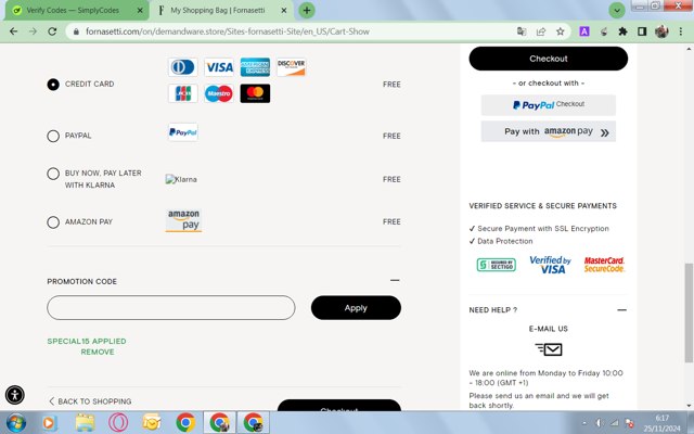 Fornasetti checkout page showing Fornasetti promo code box | Screenshot taken by SimplyCodes community member on Nov 25, 2024