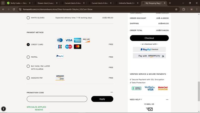 Fornasetti checkout page showing Fornasetti promo code box | Screenshot taken by SimplyCodes community member on Nov 13, 2024