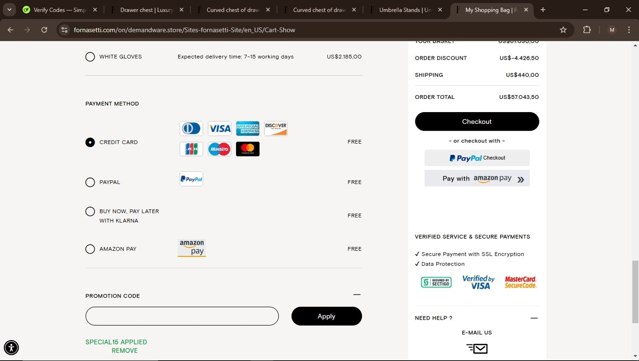 Fornasetti checkout page showing Fornasetti promo code box | Screenshot taken by SimplyCodes community member on Nov 13, 2024