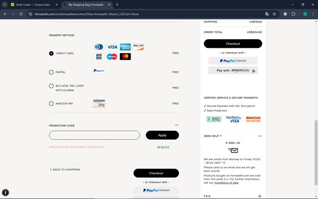 Fornasetti checkout page showing Fornasetti promo code box | Screenshot taken by SimplyCodes community member on Nov 25, 2024