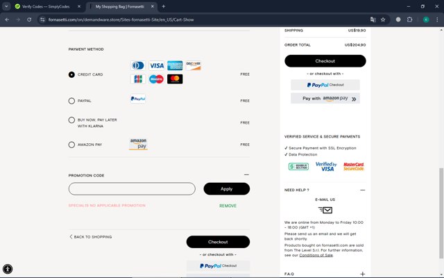 Fornasetti checkout page showing Fornasetti promo code box | Screenshot taken by SimplyCodes community member on Nov 25, 2024