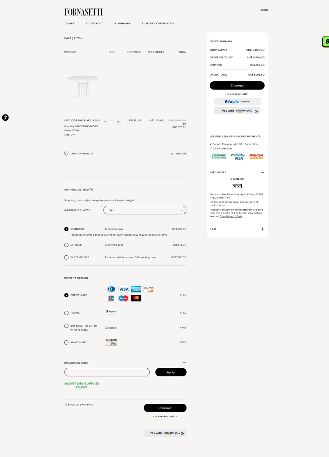 Fornasetti promo code screenshot showing code ANNIVERSARY15 applied at Fornasetti checkout page. Uploaded by SimplyCodes community member Serdanvz on Aug 20, 2025