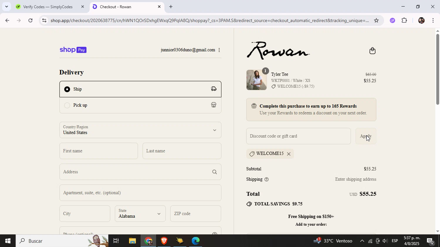 For Rowan discount code screenshot showing code WELCOME15 applied at For Rowan checkout page. Uploaded by SimplyCodes community member Junniorduno on Aug 4, 2025