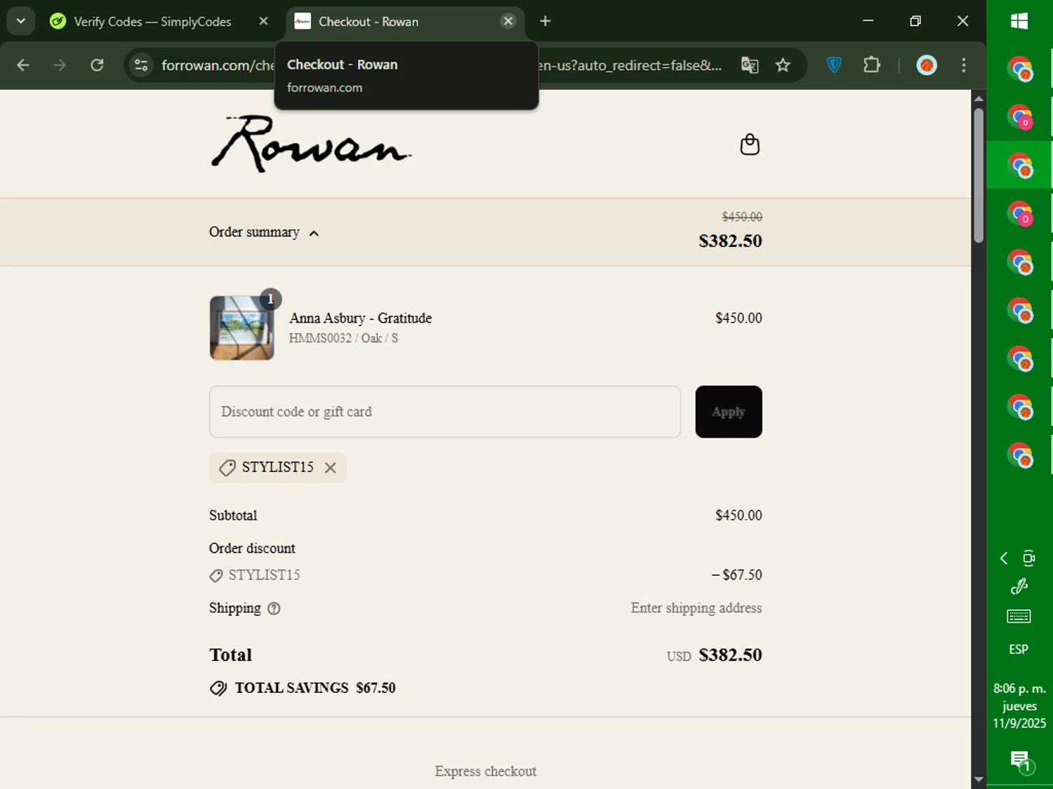 For Rowan discount code screenshot showing code stylist15 applied at For Rowan checkout page. Uploaded by SimplyCodes community member DealTiger9869 on Sep 12, 2025
