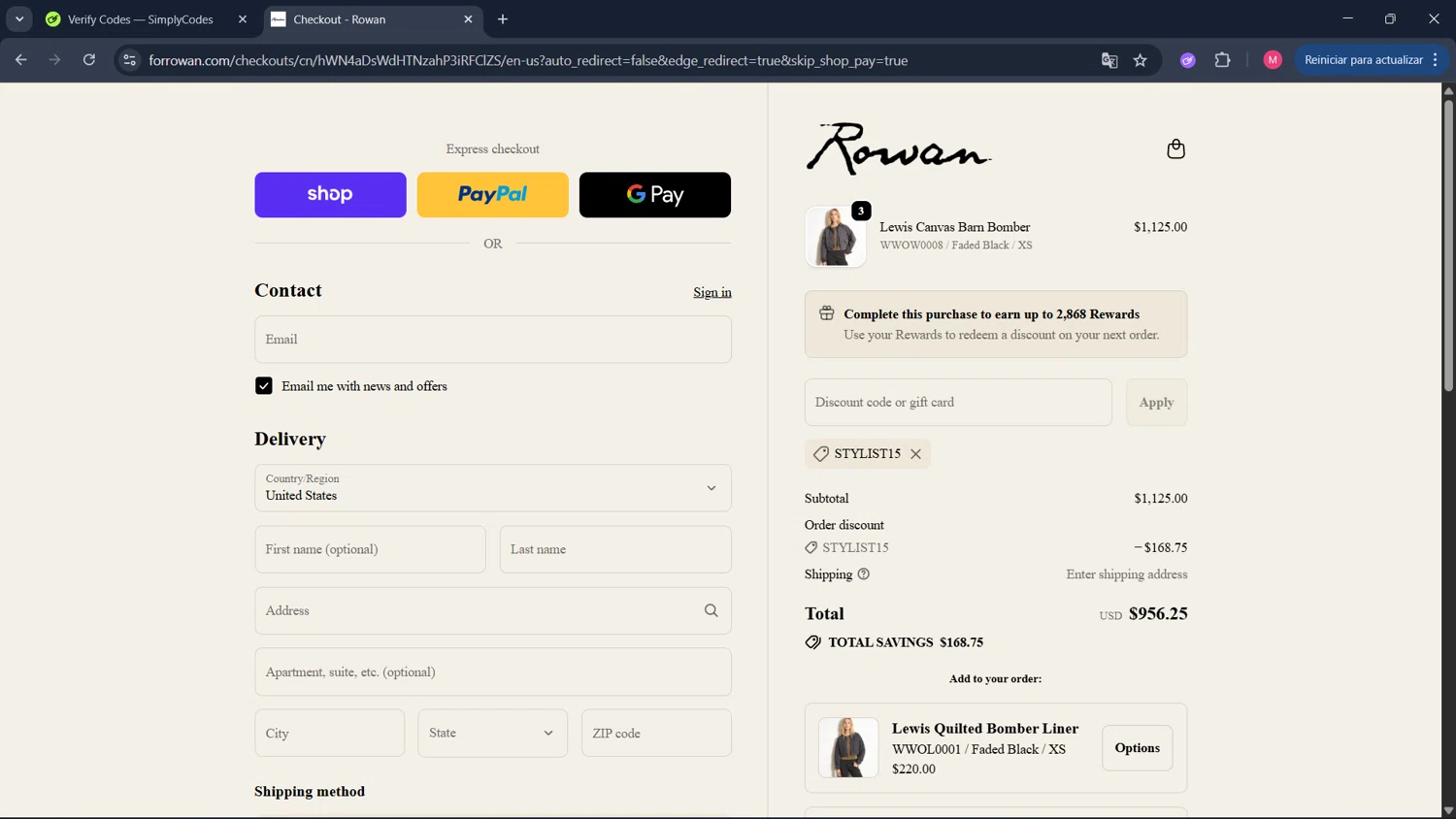 For Rowan discount code screenshot showing code stylist15 applied at For Rowan checkout page. Uploaded by SimplyCodes community member ValueCollector4159 on Oct 27, 2025