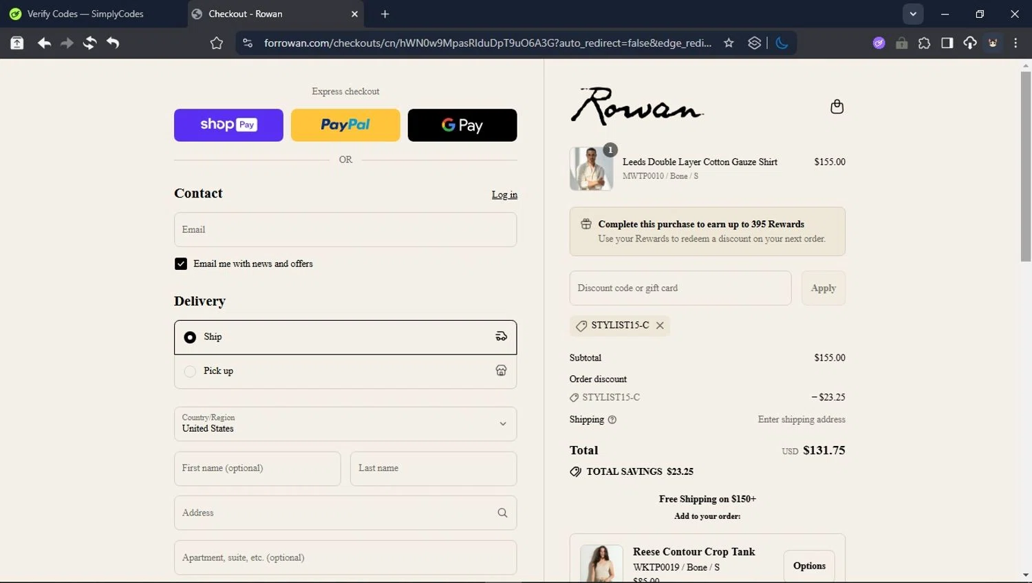 For Rowan discount code screenshot showing code STYLIST15-C applied at For Rowan checkout page. Uploaded by SimplyCodes community member BrilliantTitan6909 on Jul 23, 2025