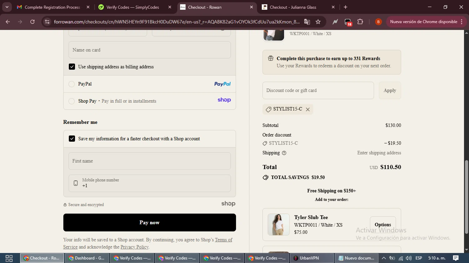 For Rowan discount code screenshot showing code STYLIST15-C applied at For Rowan checkout page. Uploaded by SimplyCodes community member DiscountExpert6435 on Nov 14, 2025