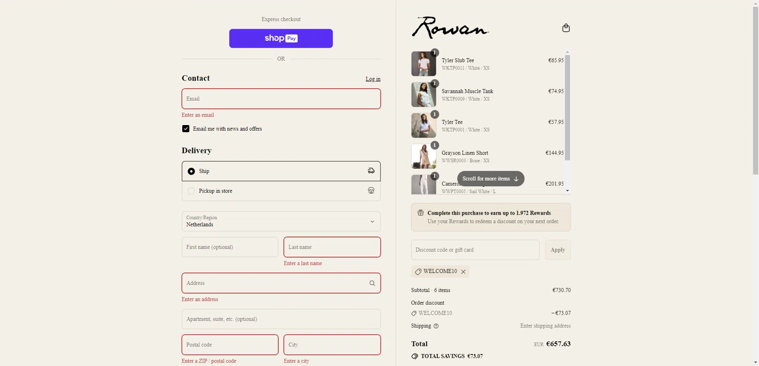 For Rowan discount code screenshot showing code WELCOME10 applied at For Rowan checkout page. Uploaded by SimplyCodes community member DiscountWarden480 on Jul 14, 2025