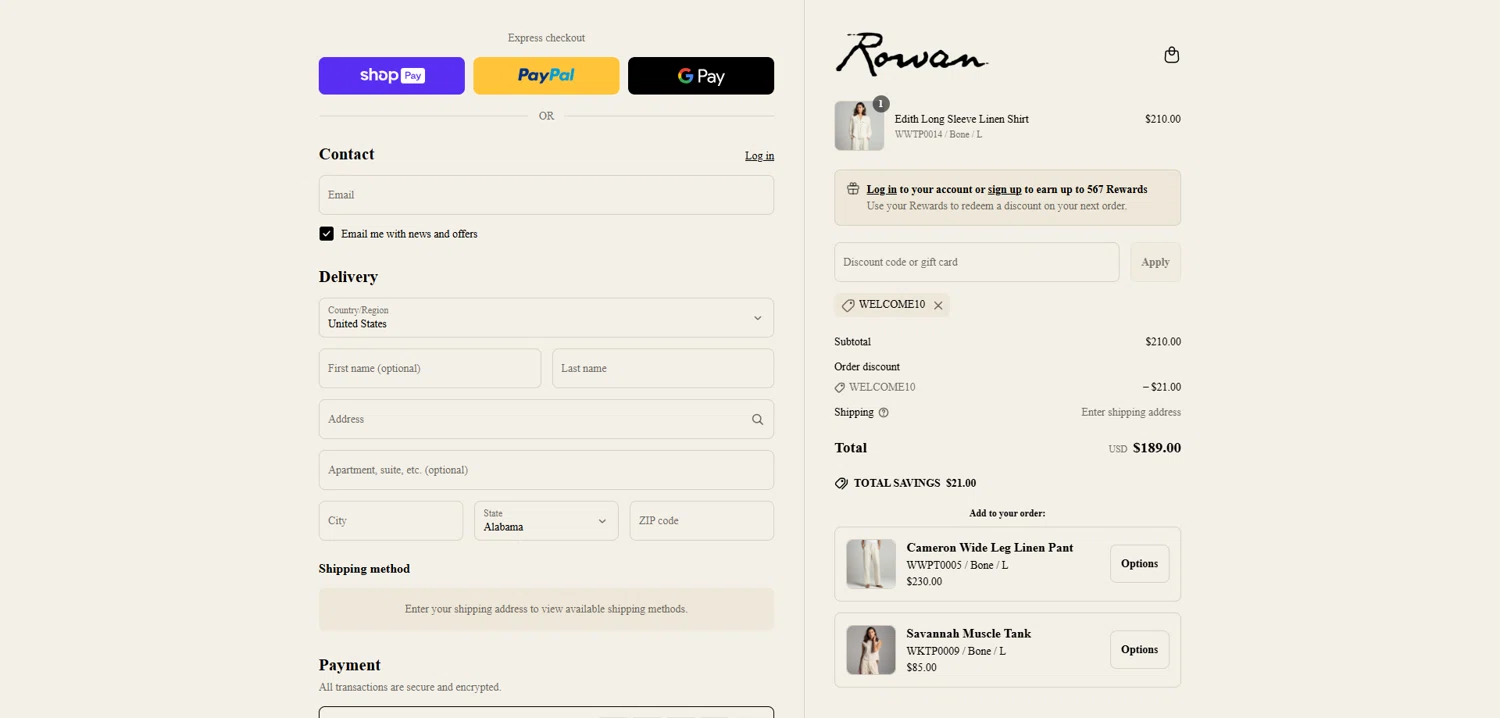 For Rowan discount code screenshot showing code WELCOME10 applied at For Rowan checkout page. Uploaded by SimplyCodes community member Dorothy on Jun 2, 2025