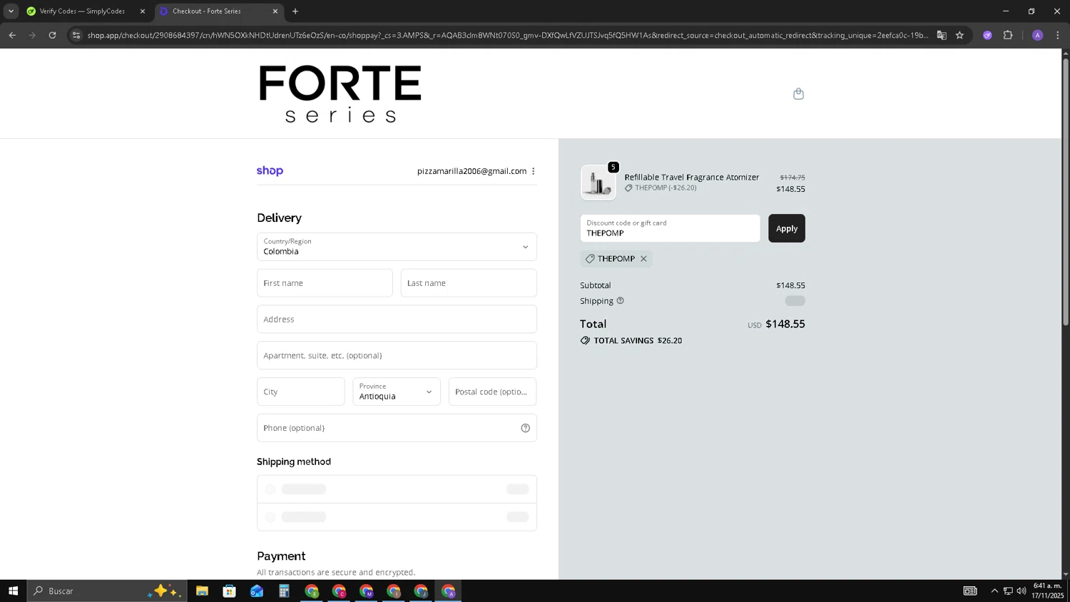 Forte Series promo code screenshot showing code THEPOMP applied at Forte Series checkout page. Uploaded by SimplyCodes community member SAKURA on Nov 17, 2025
