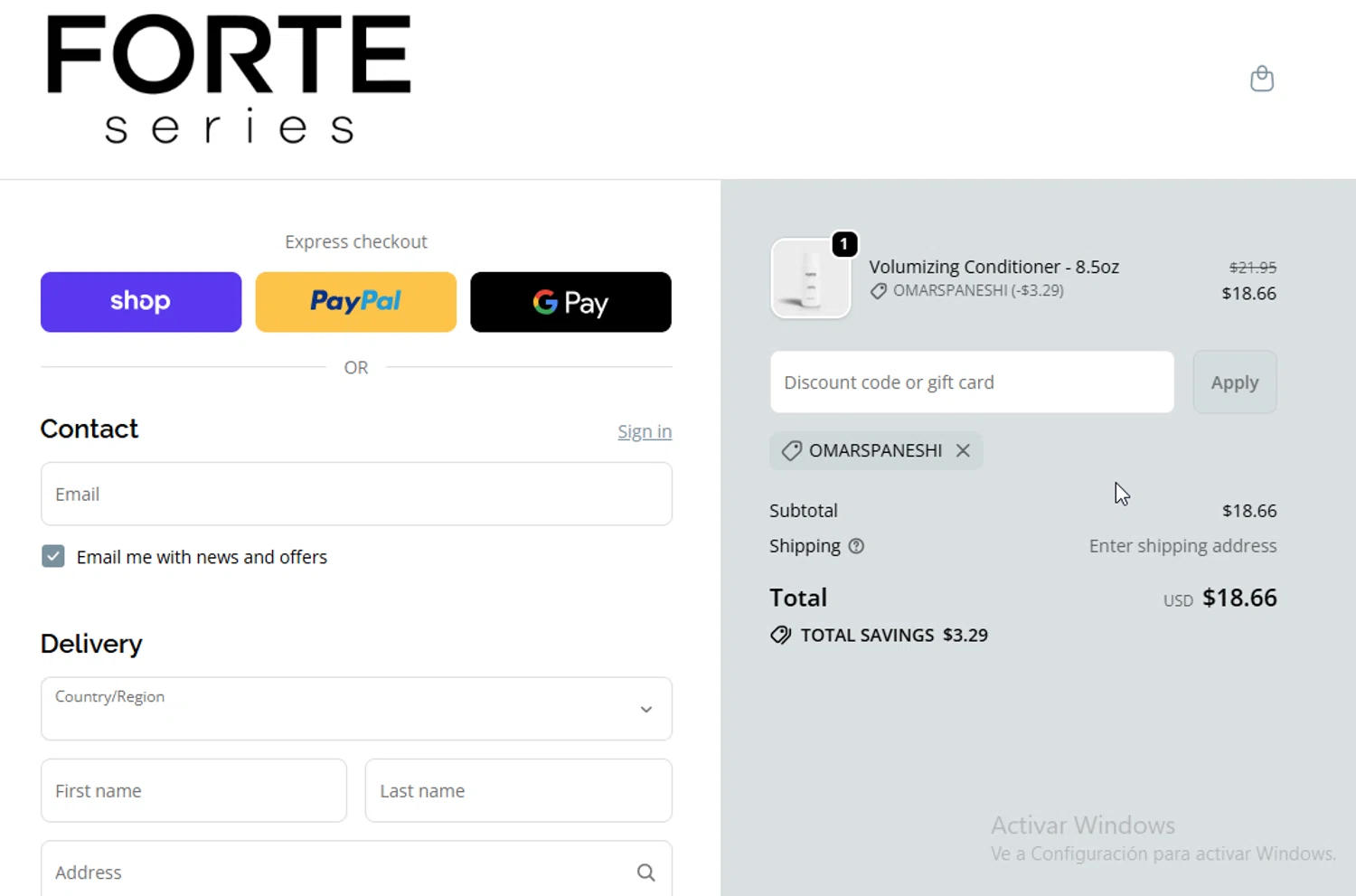Forte Series promo code screenshot showing code OMARSPANESHI applied at Forte Series checkout page. Uploaded by SimplyCodes community member ligthYA on Nov 17, 2025