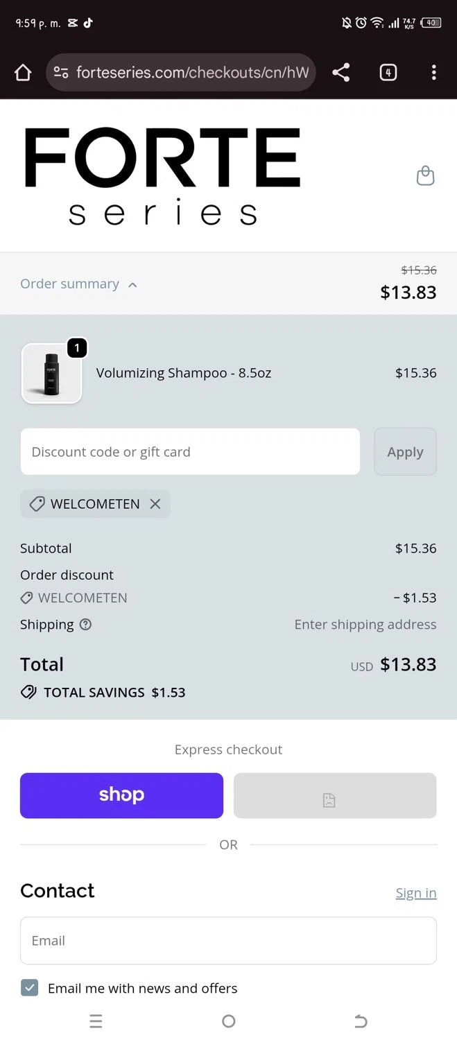 Forte Series promo code screenshot showing code WELCOMETEN applied at Forte Series checkout page. Uploaded by SimplyCodes community member Sheele_Icon on Oct 26, 2025
