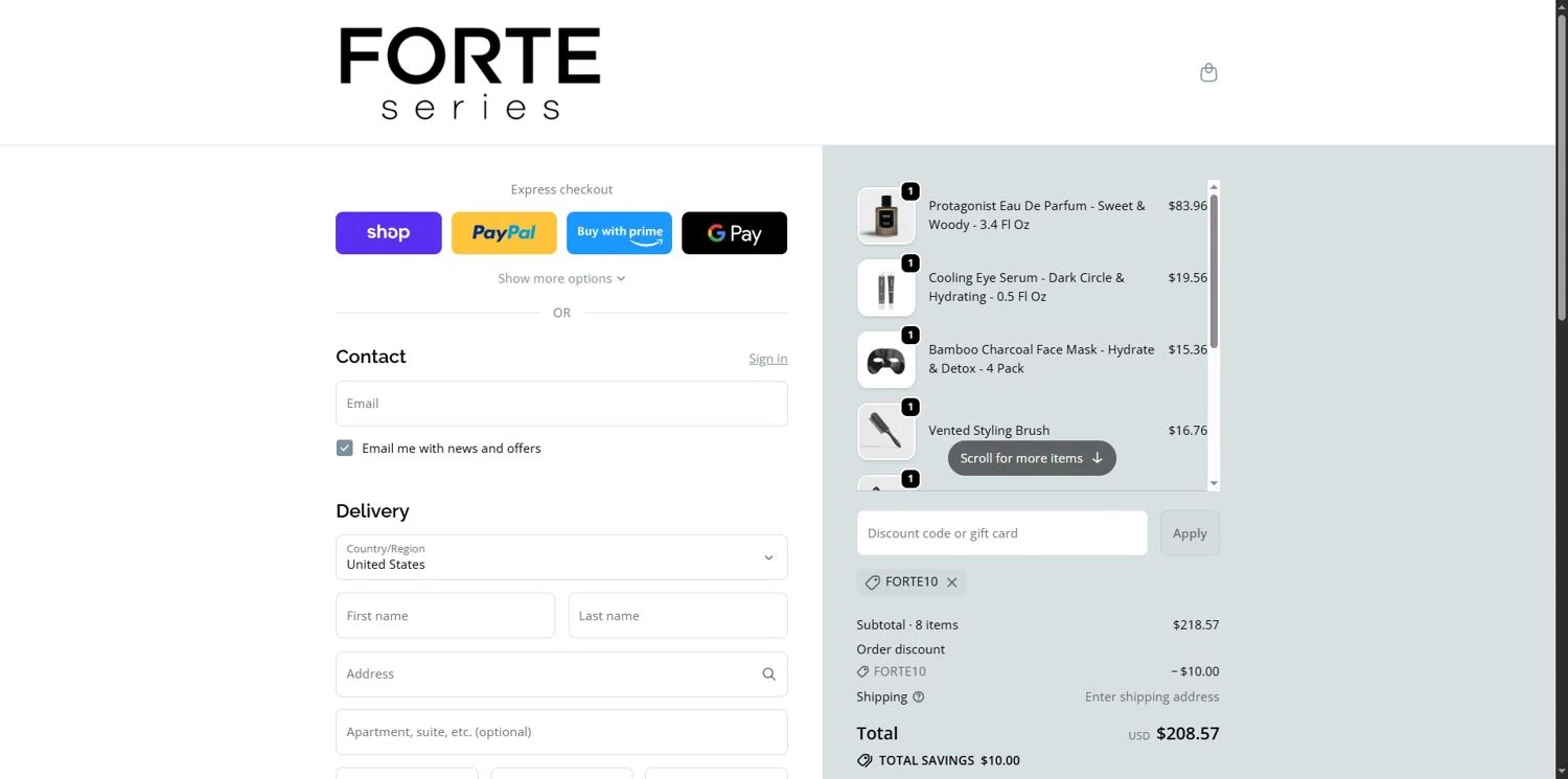Forte Series promo code screenshot showing code FORTE10 applied at Forte Series checkout page. Uploaded by SimplyCodes community member Depressive on Nov 5, 2025