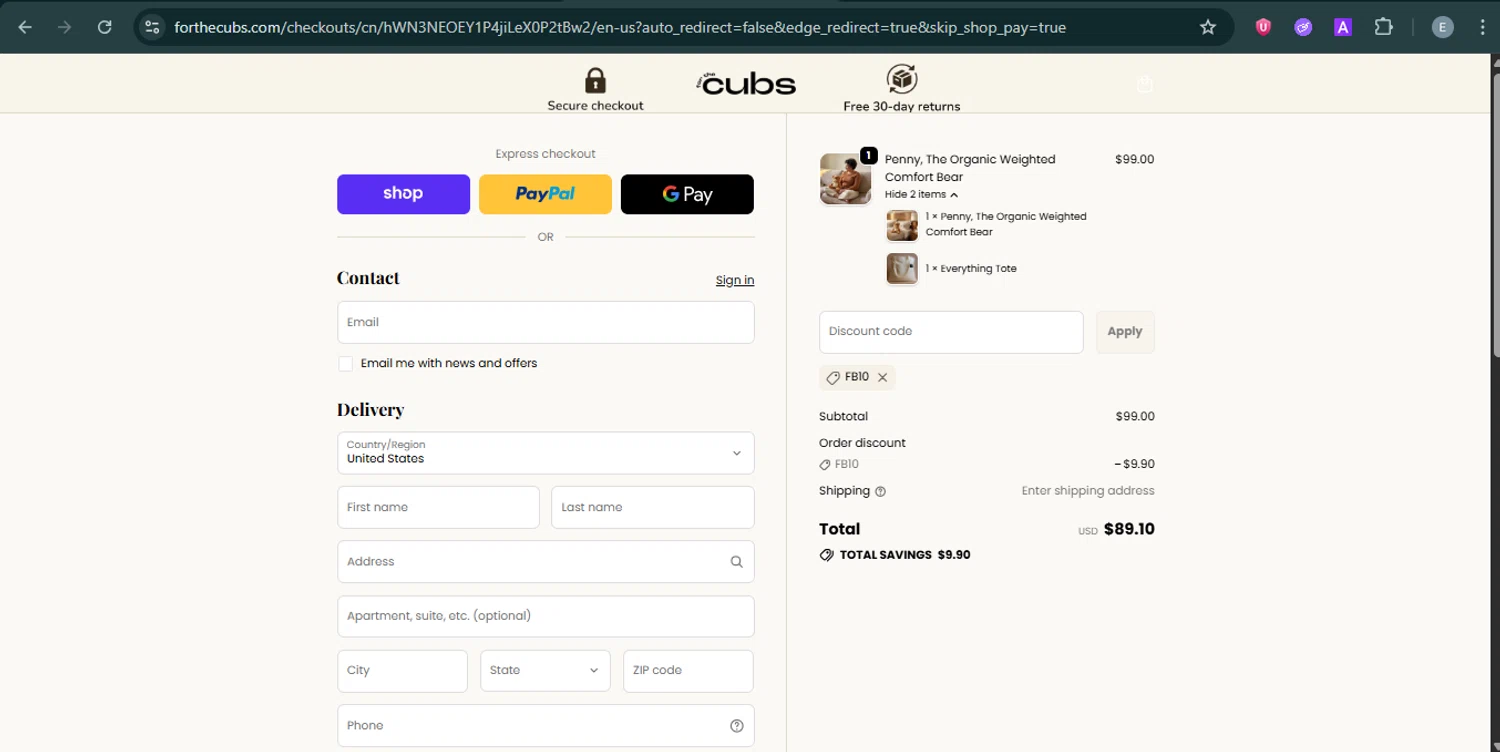 For the Cubs promo code screenshot showing code FB10 applied at For the Cubs checkout page. Uploaded by SimplyCodes community member ExtraordinaryMonarch4598 on Sep 25, 2025