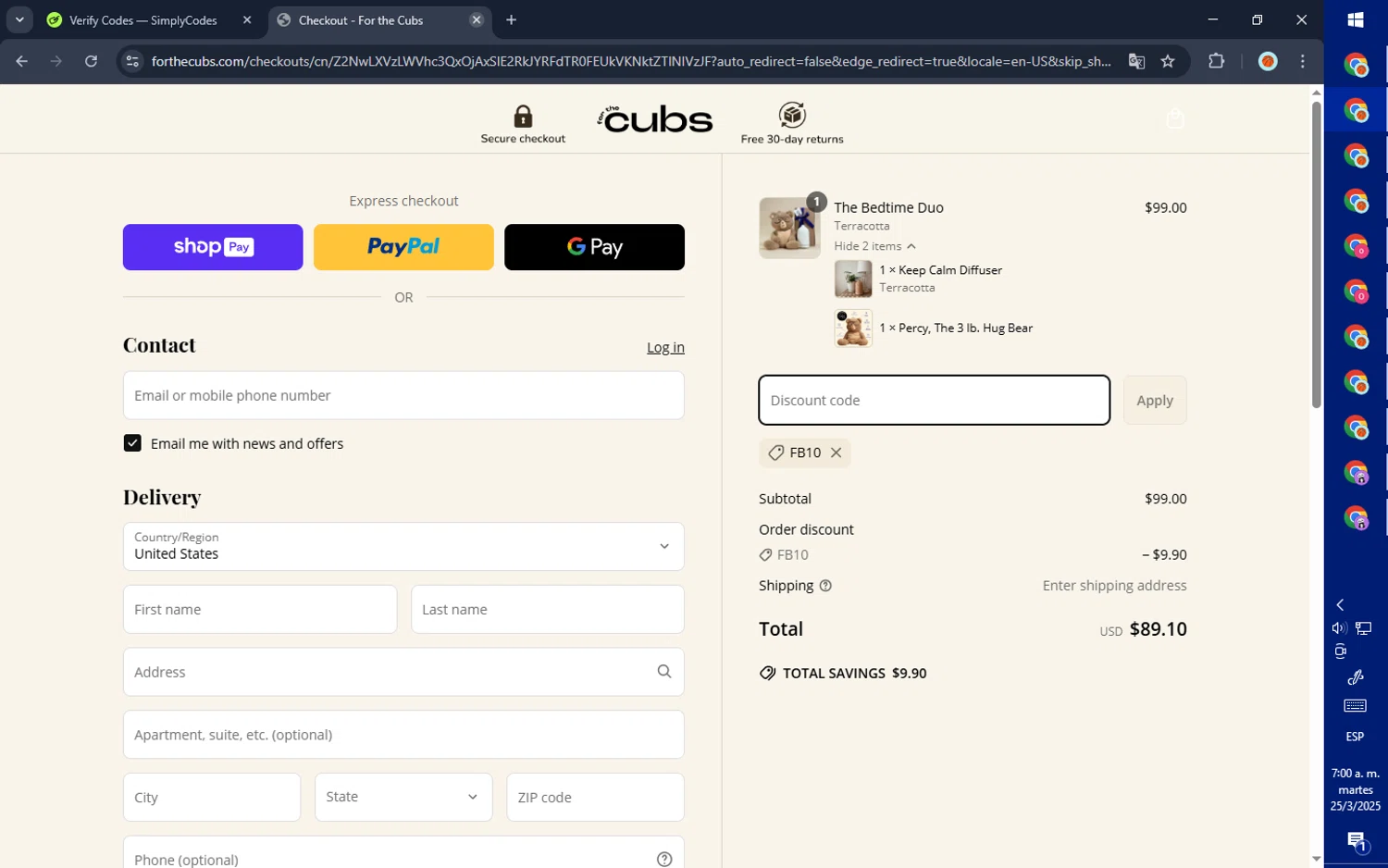 For the Cubs promo code screenshot showing code FB10 applied at For the Cubs checkout page. Uploaded by SimplyCodes community member GoldPilot5958 on Mar 25, 2025