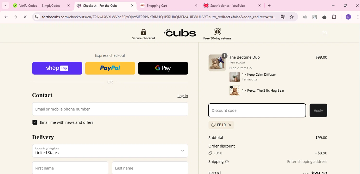 For the Cubs promo code screenshot showing code FB10 applied at For the Cubs checkout page. Uploaded by SimplyCodes community member ShieldCurator2100 on Mar 25, 2025