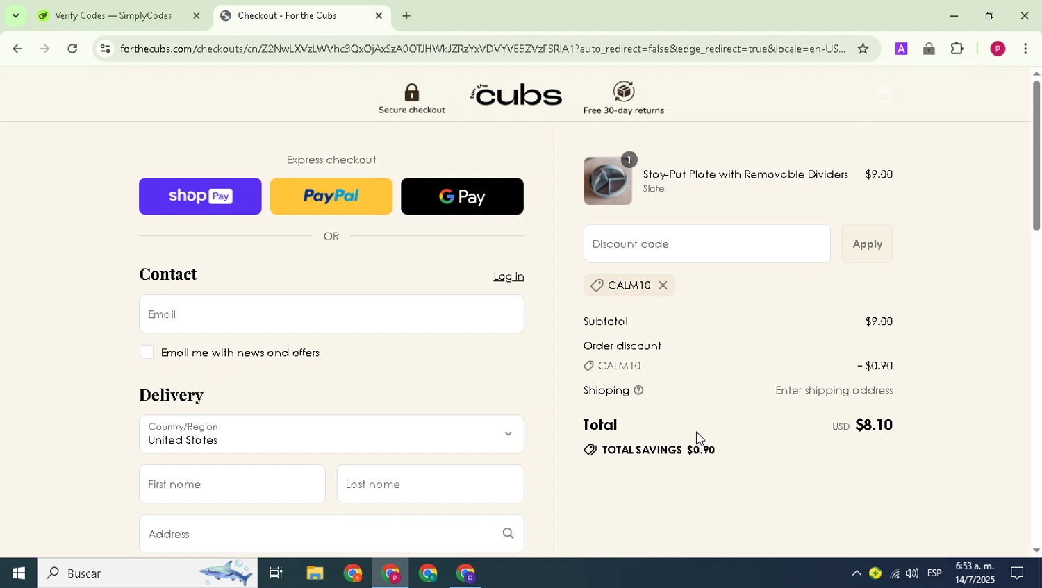 For the Cubs promo code screenshot showing code CALM10 applied at For the Cubs checkout page. Uploaded by SimplyCodes community member Paul_Skenes on Jul 14, 2025