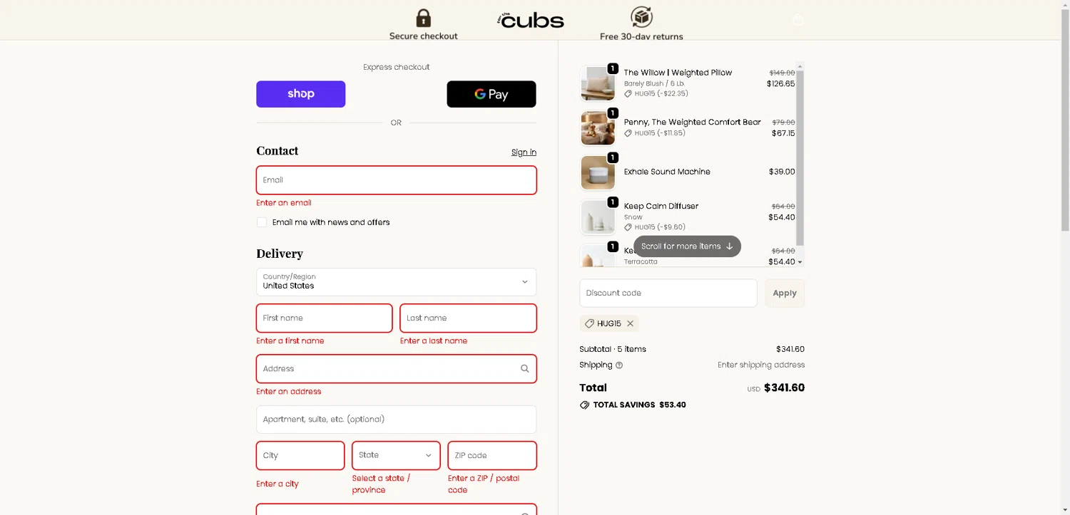 For the Cubs promo code screenshot showing code HUG15 applied at For the Cubs checkout page. Uploaded by SimplyCodes community member ValueWarden2887 on Oct 23, 2025