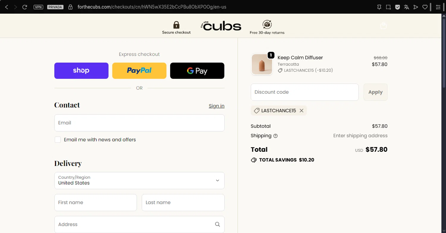 For the Cubs promo code screenshot showing code LASTCHANCE15 applied at For the Cubs checkout page. Uploaded by SimplyCodes community member ArgoByte on Dec 1, 2025