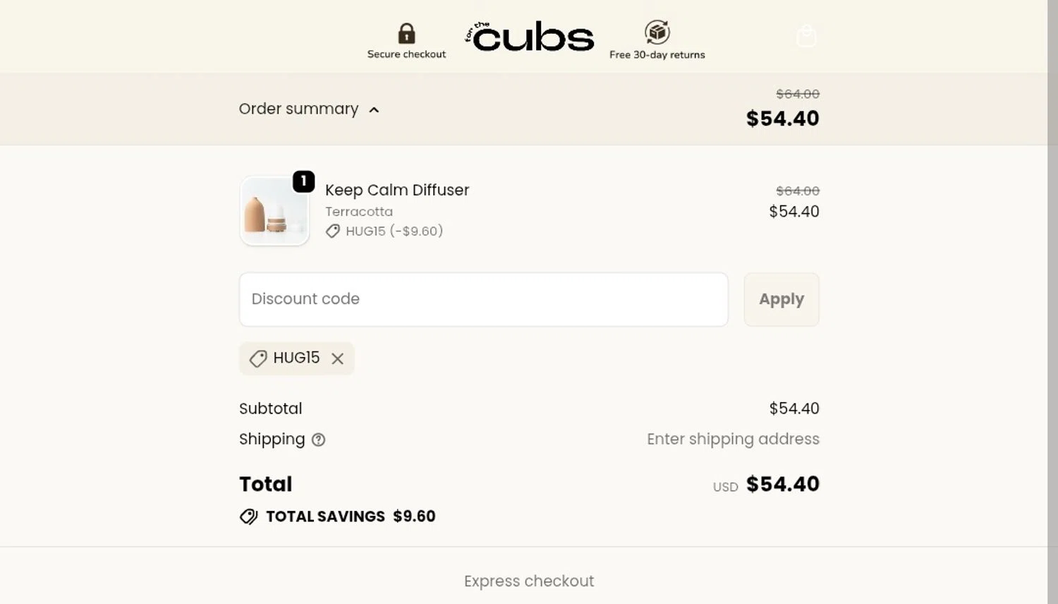 For the Cubs promo code screenshot showing code HUG15 applied at For the Cubs checkout page. Uploaded by SimplyCodes community member jesspea on Oct 16, 2025