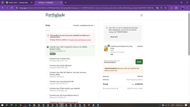 Forthglade checkout page showing Forthglade discount code box | Screenshot taken by SimplyCodes community member on Sep 7, 2025