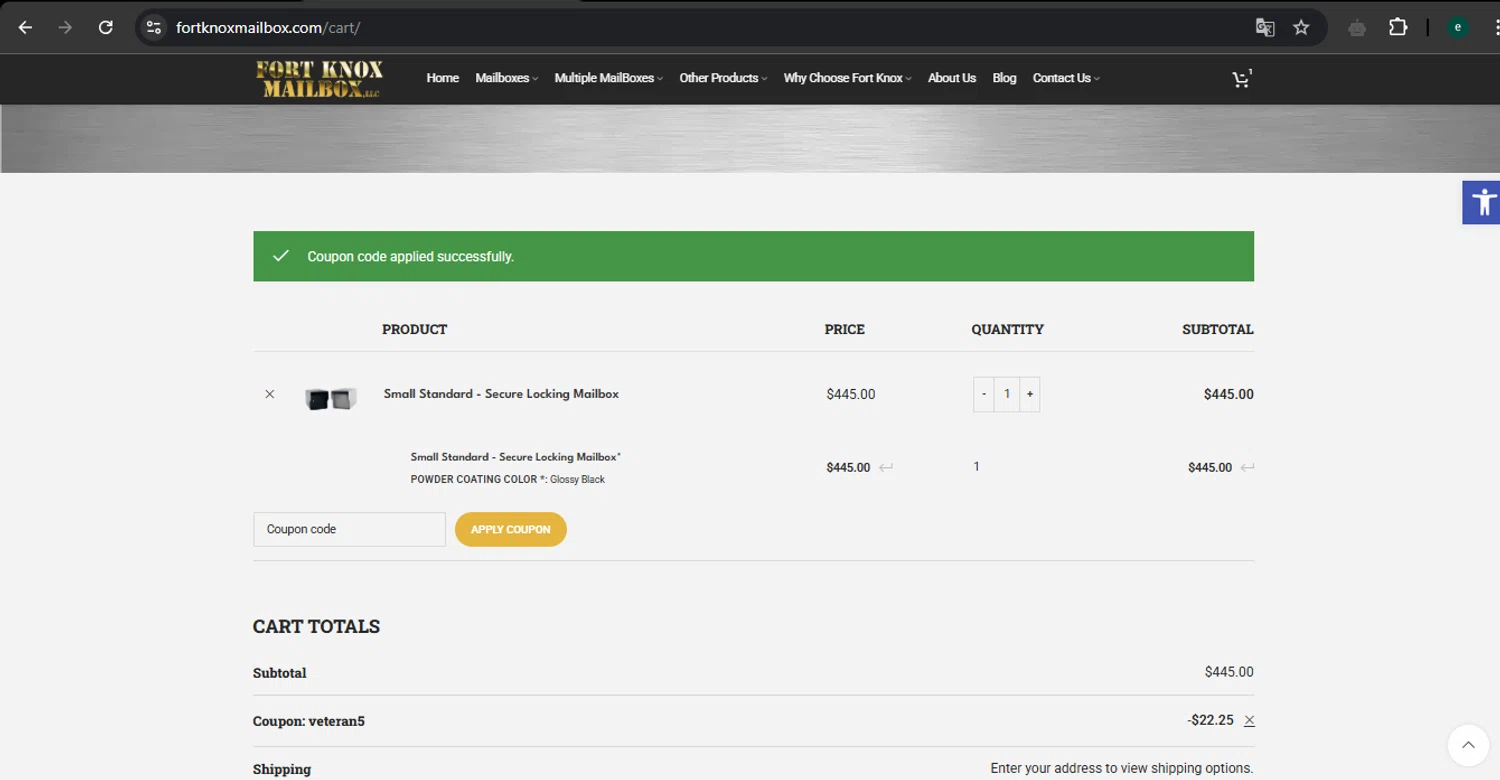 Fort Knox Mailbox checkout page showing Fort Knox Mailbox coupon code box | Screenshot taken by SimplyCodes community member on May 6, 2025