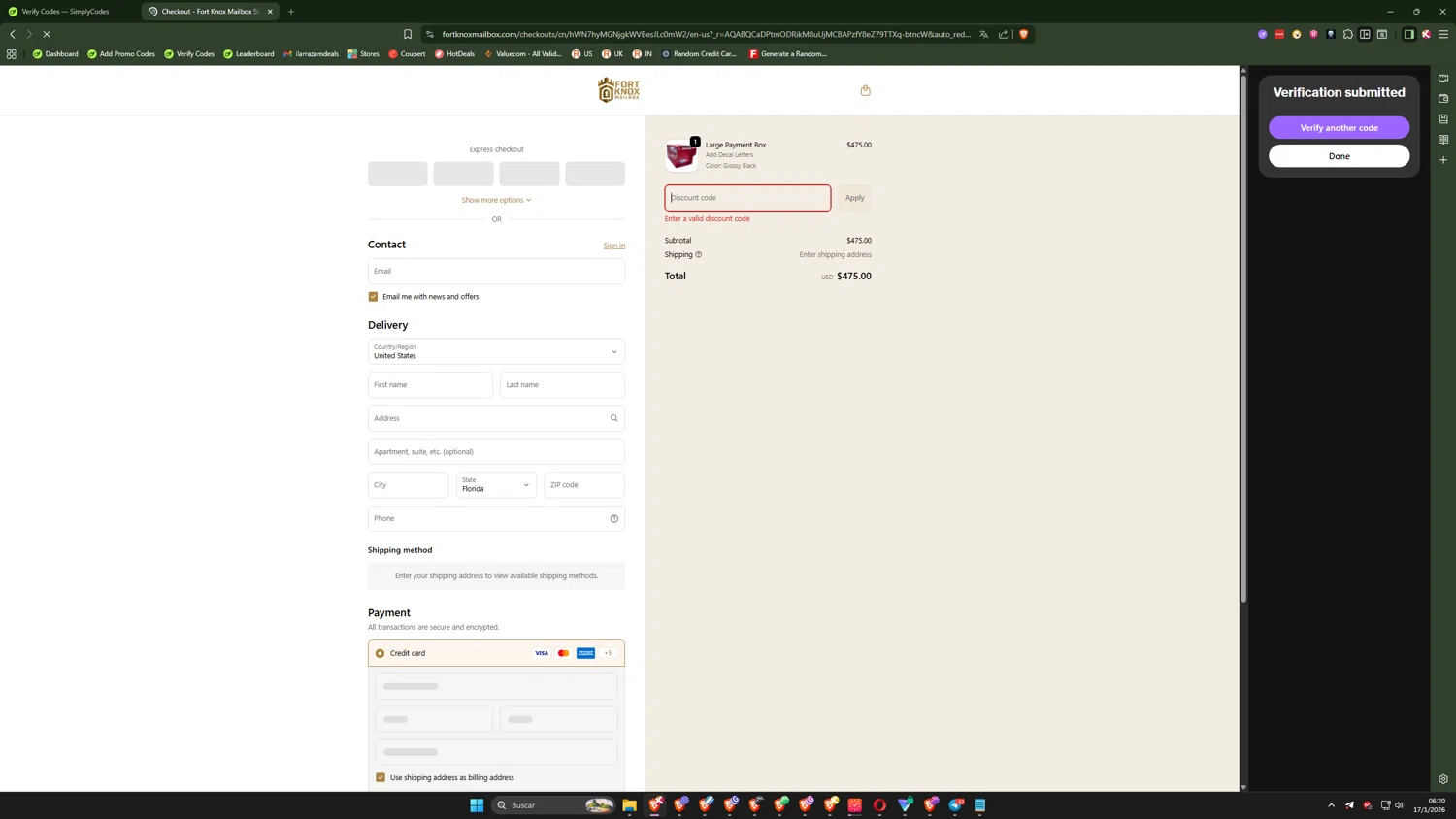 Fort Knox Mailbox coupon code screenshot showing code veteran5 applied at Fort Knox Mailbox checkout page. Uploaded by SimplyCodes community member IronMind4607 on Jan 17, 2026