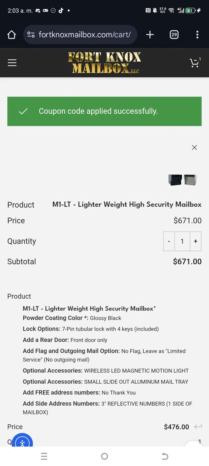 Fort Knox Mailbox coupon code screenshot showing code veteran5 applied at Fort Knox Mailbox checkout page. Uploaded by SimplyCodes community member kikimbappe on May 20, 2025