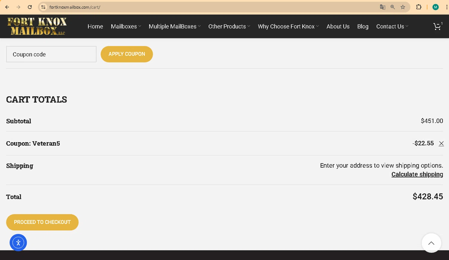 Fort Knox Mailbox coupon code screenshot showing code veteran5 applied at Fort Knox Mailbox checkout page. Uploaded by SimplyCodes community member marco007 on Jul 1, 2025