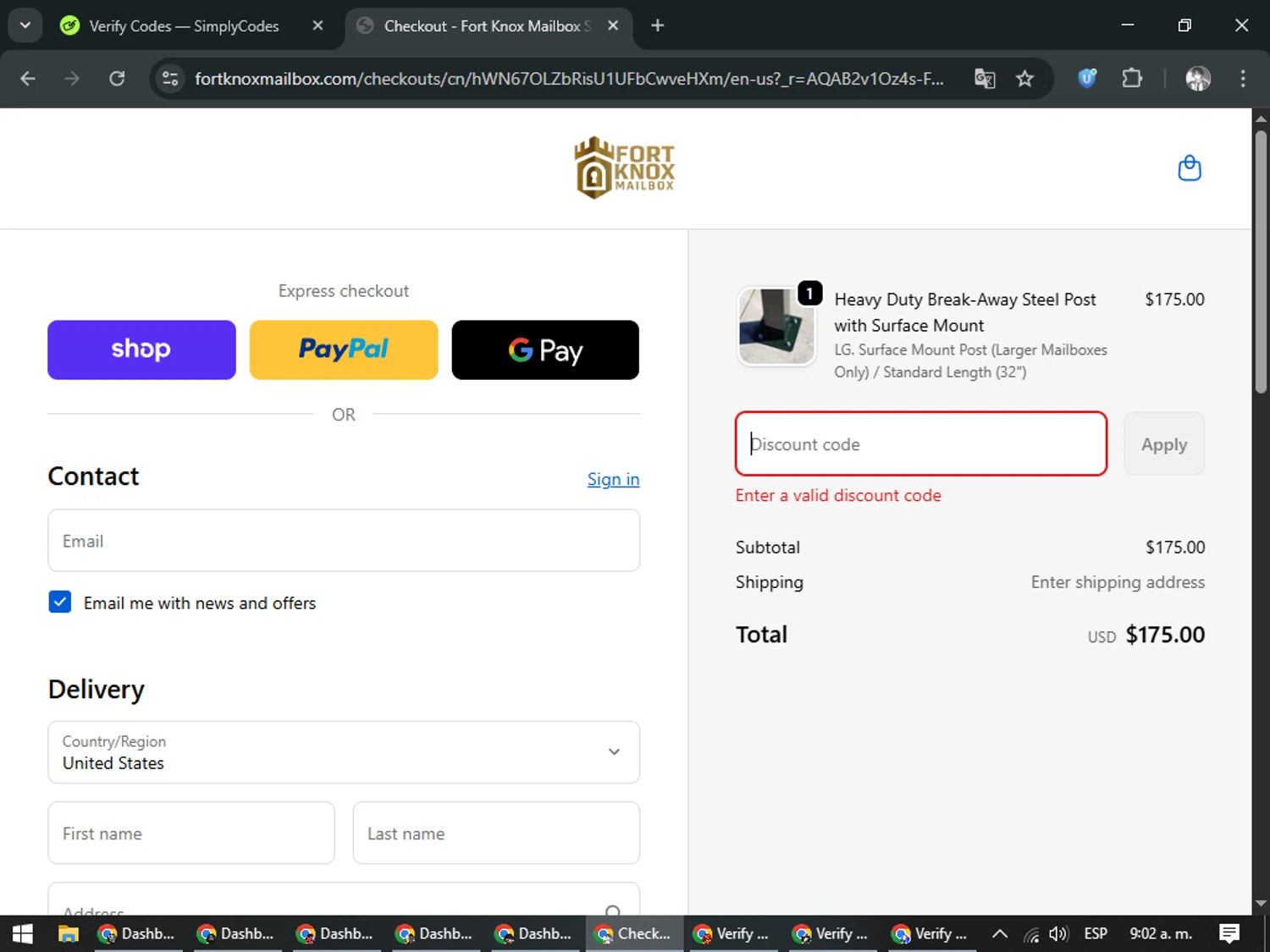 Fort Knox Mailbox coupon code screenshot showing code senior5 applied at Fort Knox Mailbox checkout page. Uploaded by SimplyCodes community member CleverLegend6607 on Dec 6, 2025