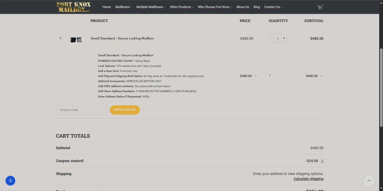Fort Knox Mailbox coupon code screenshot showing code senior5 applied at Fort Knox Mailbox checkout page. Uploaded by SimplyCodes community member _Capi_ on May 20, 2025