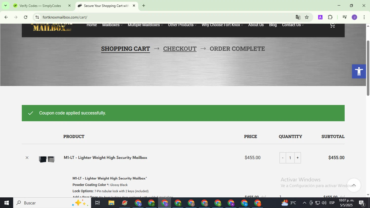 Fort Knox Mailbox checkout page showing Fort Knox Mailbox coupon code box | Screenshot taken by SimplyCodes community member on May 6, 2025