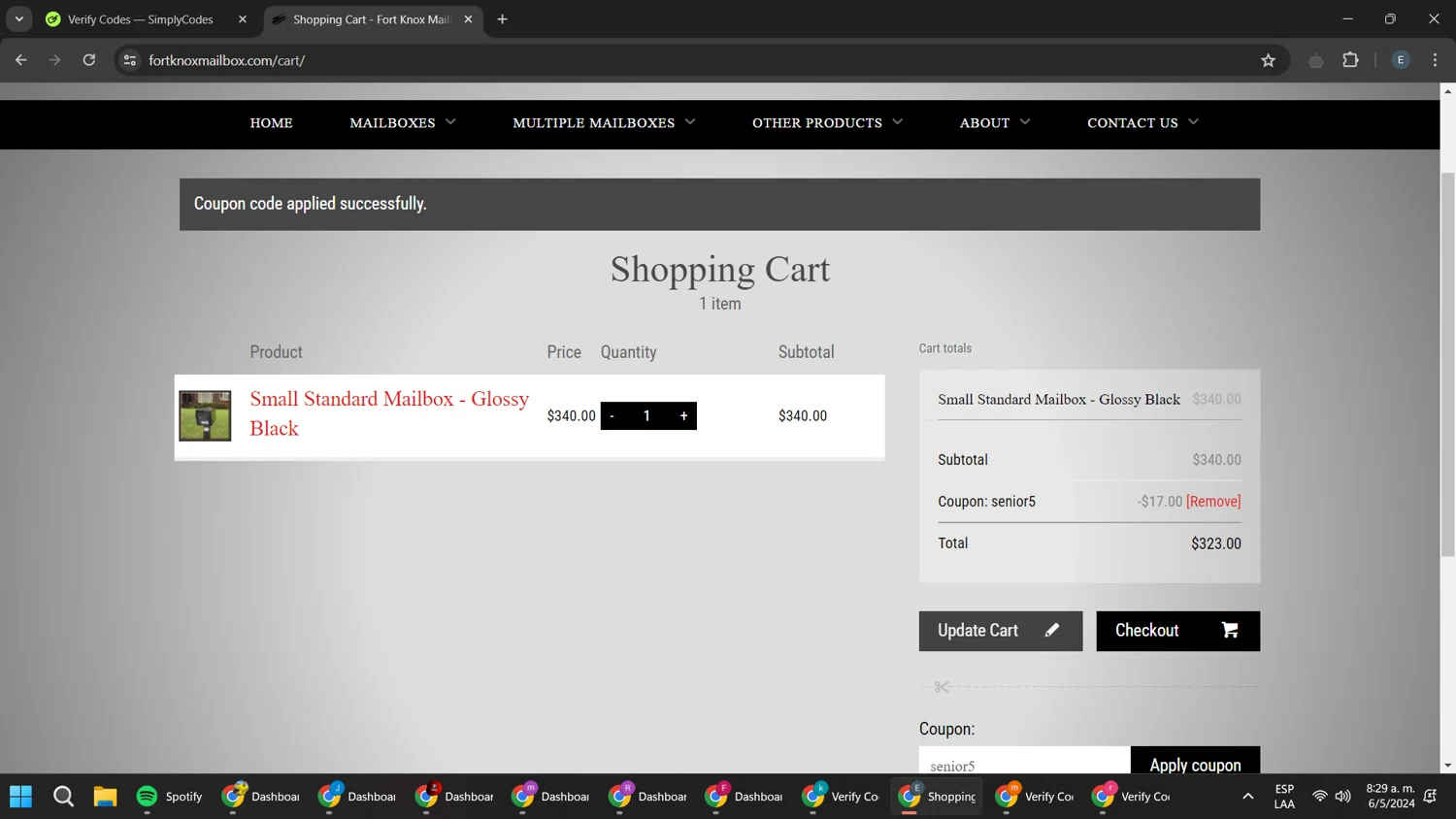 Fort Knox Mailbox checkout page showing Fort Knox Mailbox coupon code box | Screenshot taken by SimplyCodes community member on May 6, 2024