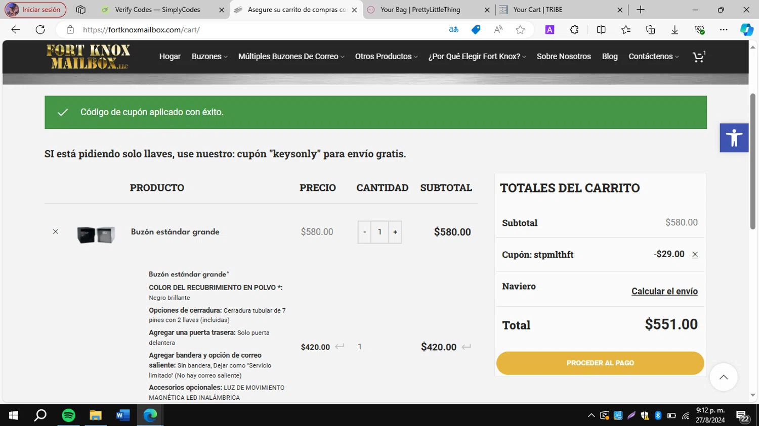 Fort Knox Mailbox checkout page showing Fort Knox Mailbox coupon code box | Screenshot taken by SimplyCodes community member on Aug 28, 2024