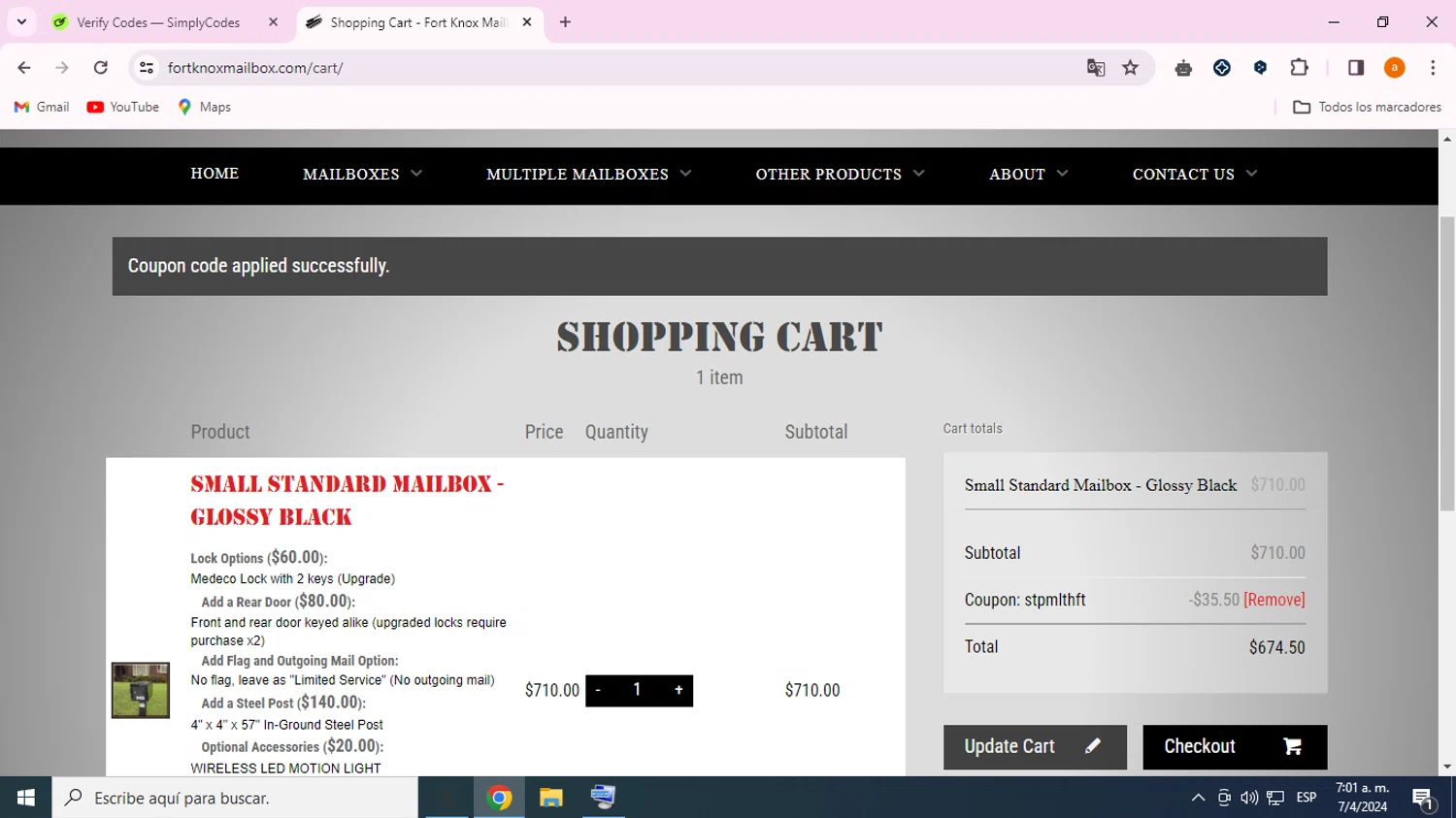 Fort Knox Mailbox checkout page showing Fort Knox Mailbox coupon code box | Screenshot taken by SimplyCodes community member on Apr 7, 2024