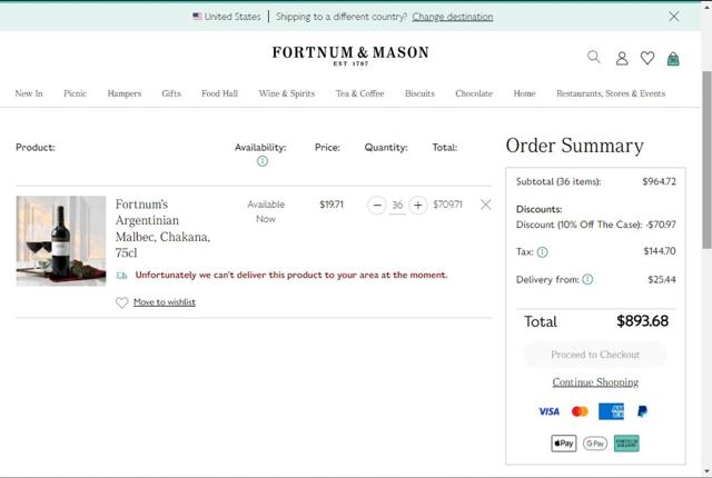 Fortnum & Mason checkout page showing Fortnum & Mason promo code box | Screenshot taken by SimplyCodes community member on Aug 7, 2024