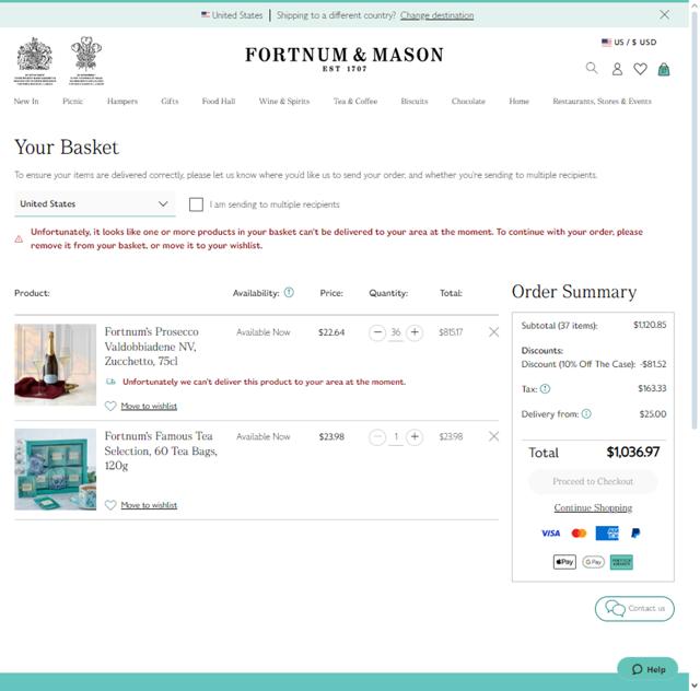 Fortnum & Mason checkout page showing Fortnum & Mason promo code box | Screenshot taken by SimplyCodes community member on Jul 9, 2024
