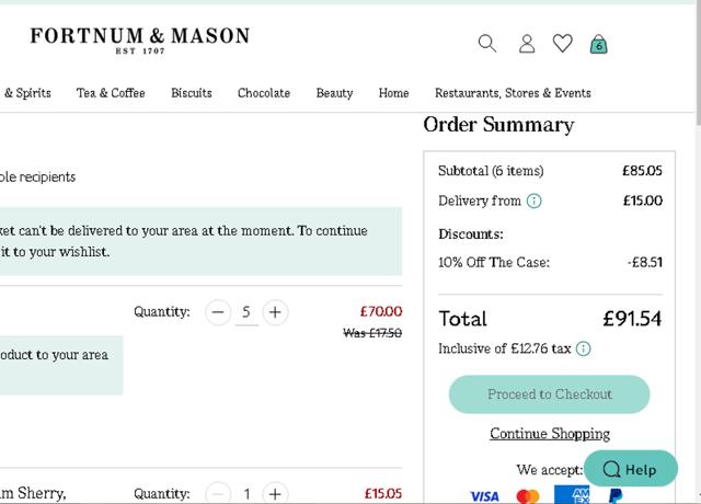 Fortnum & Mason checkout page showing Fortnum & Mason promo code box | Screenshot taken by SimplyCodes community member on Jan 16, 2025