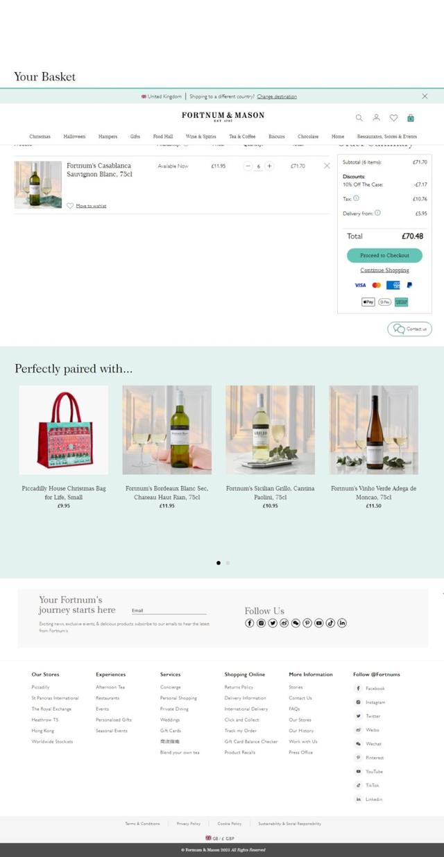 Fortnum & Mason checkout page showing Fortnum & Mason promo code box | Screenshot taken by SimplyCodes community member on Oct 23, 2023